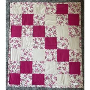Handmade Quilted Tied Baby Quilt Blanket 36x42 Sock Monkey Pink White Hearts
